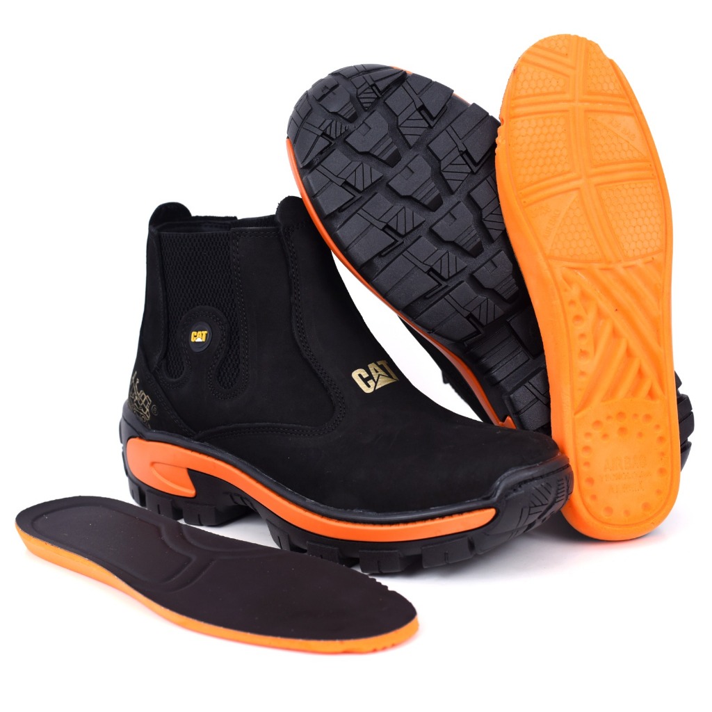 Bota Caterpillar Resistente Para Trabalho Maverick Em Couro Legítimo Confortável - Preto/Laranja - Com Palmilha em Gel