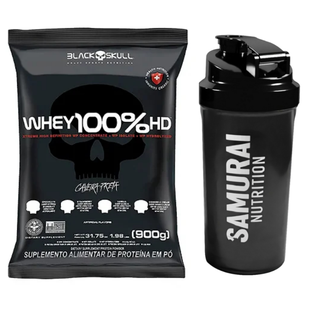 Kit 1 Whey 100% HD Concentrado Refil 900g Black Skull + 1 Coqueteleira 600ml em Oferta na Shopee