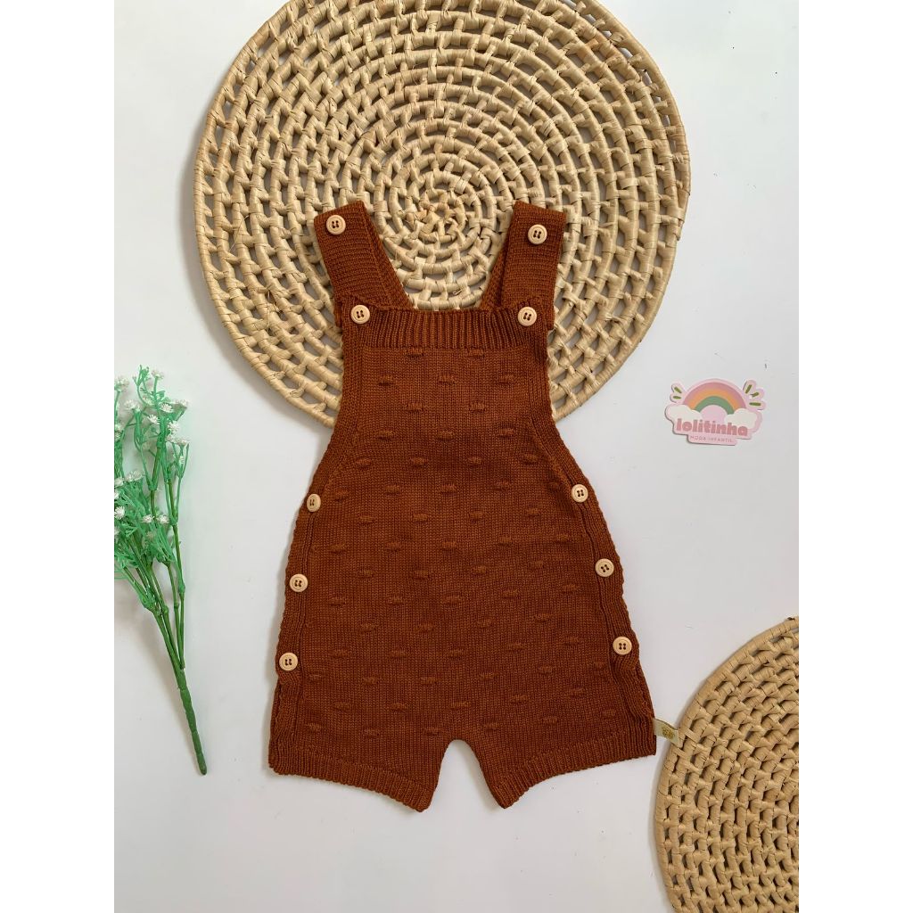 Macacão Jardineira Tricô Antialérgico Bebê Curto Tricot Pipoca