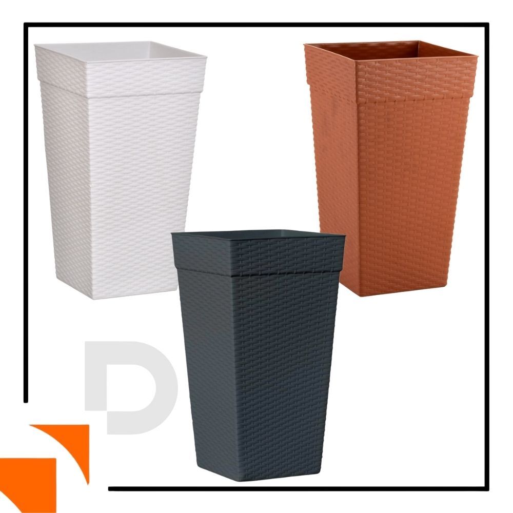 Vaso Para Flores e Plantas Decorativo Quadrado Coluna Rattan 17,5 Litros Plástico Sala