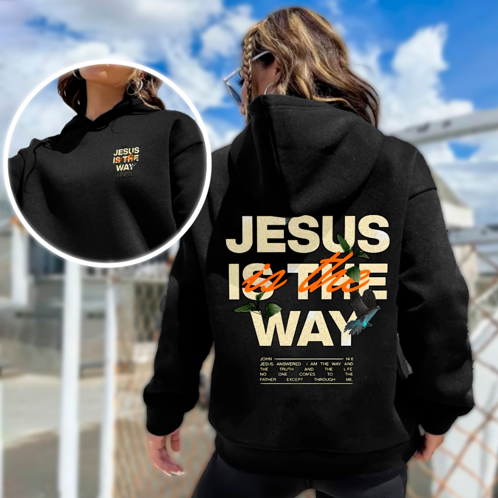 Moletom Feminino Gospel Amarelo Estampado Jesus is The Way com Capuz Cristão Versículo Fé