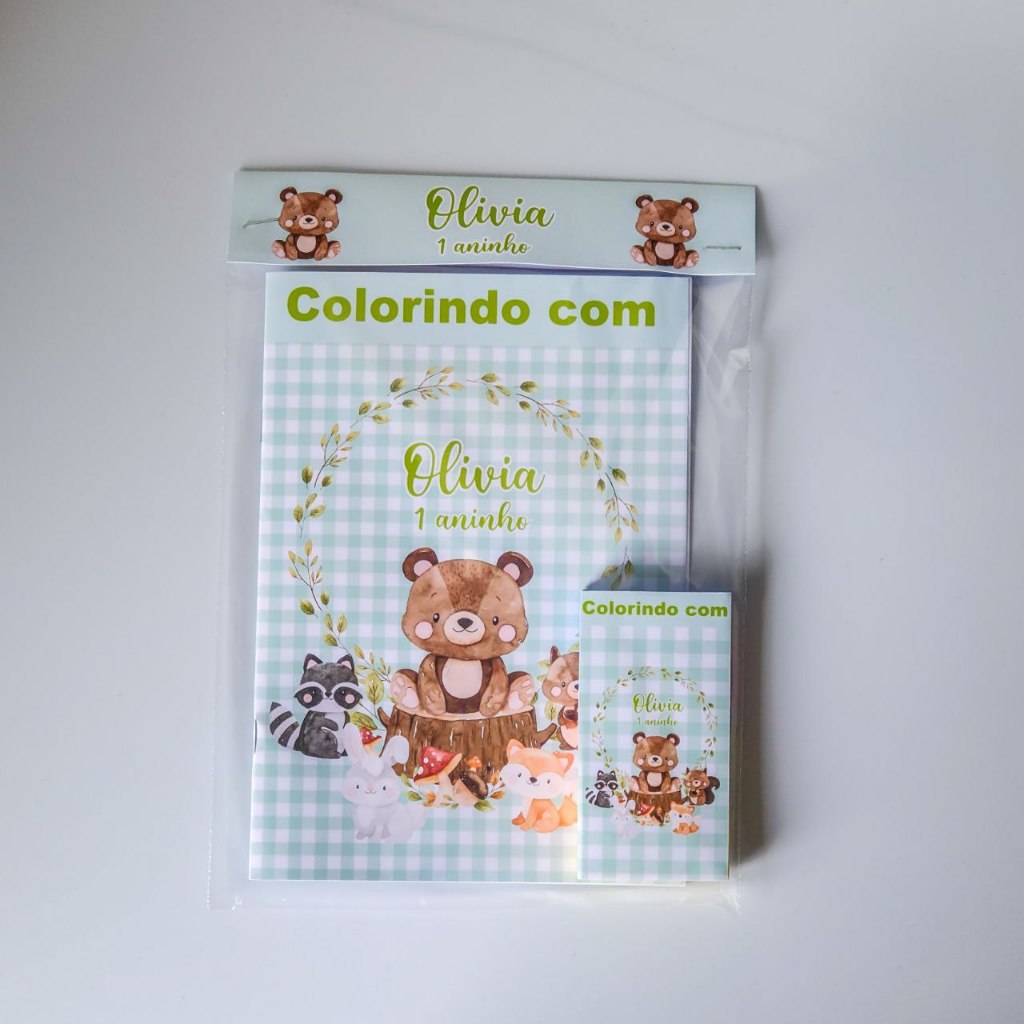 KIT COLORIR PERSONALIZADO BOSQUE ENCANTADO VERDE LEMBRANCINHA PARA FESTA INFANTIL MENINA COM LIVRO+CX DE GIZ