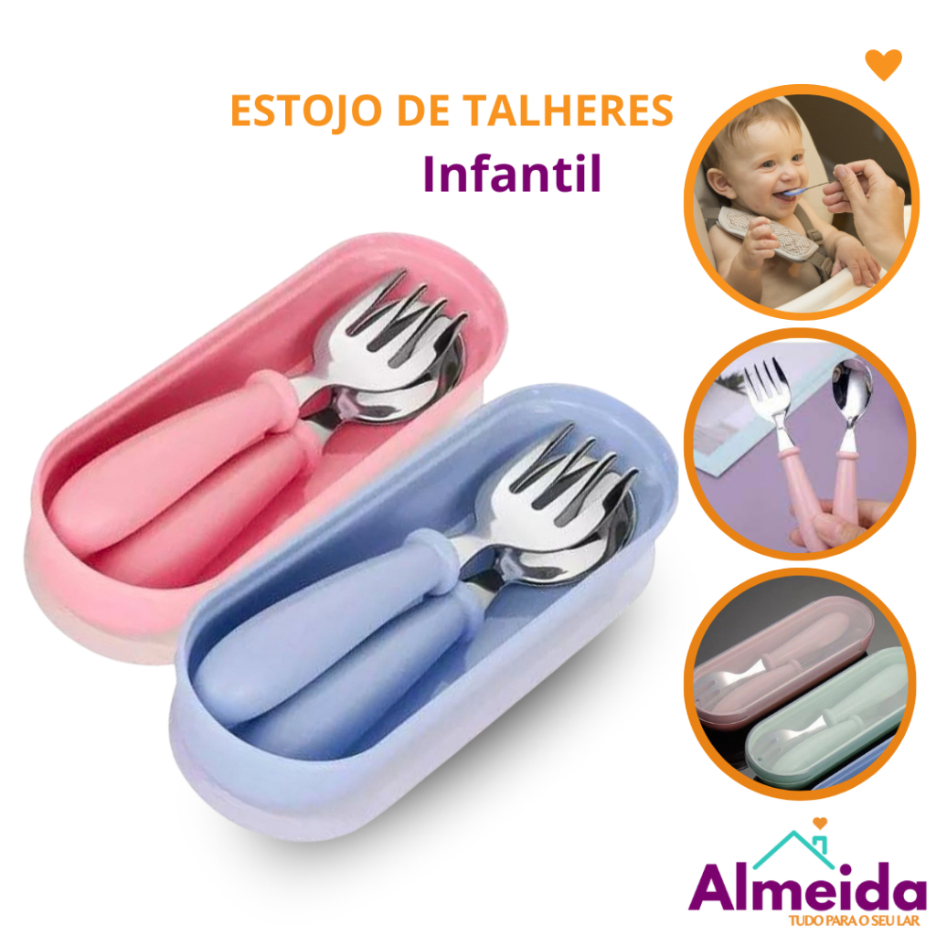 Talheres Infantil Aço Inox 304 Colher Garfo Kit Com Estojo Bebe 3 peças