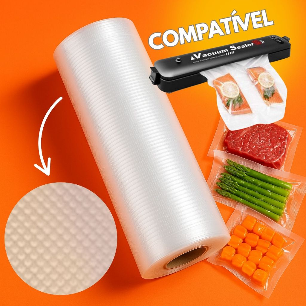 Bobina Saco a Vácuo Gofrada c/ Ranhuras p/ Seladora Doméstica – Alimentos, Carnes e Legumes