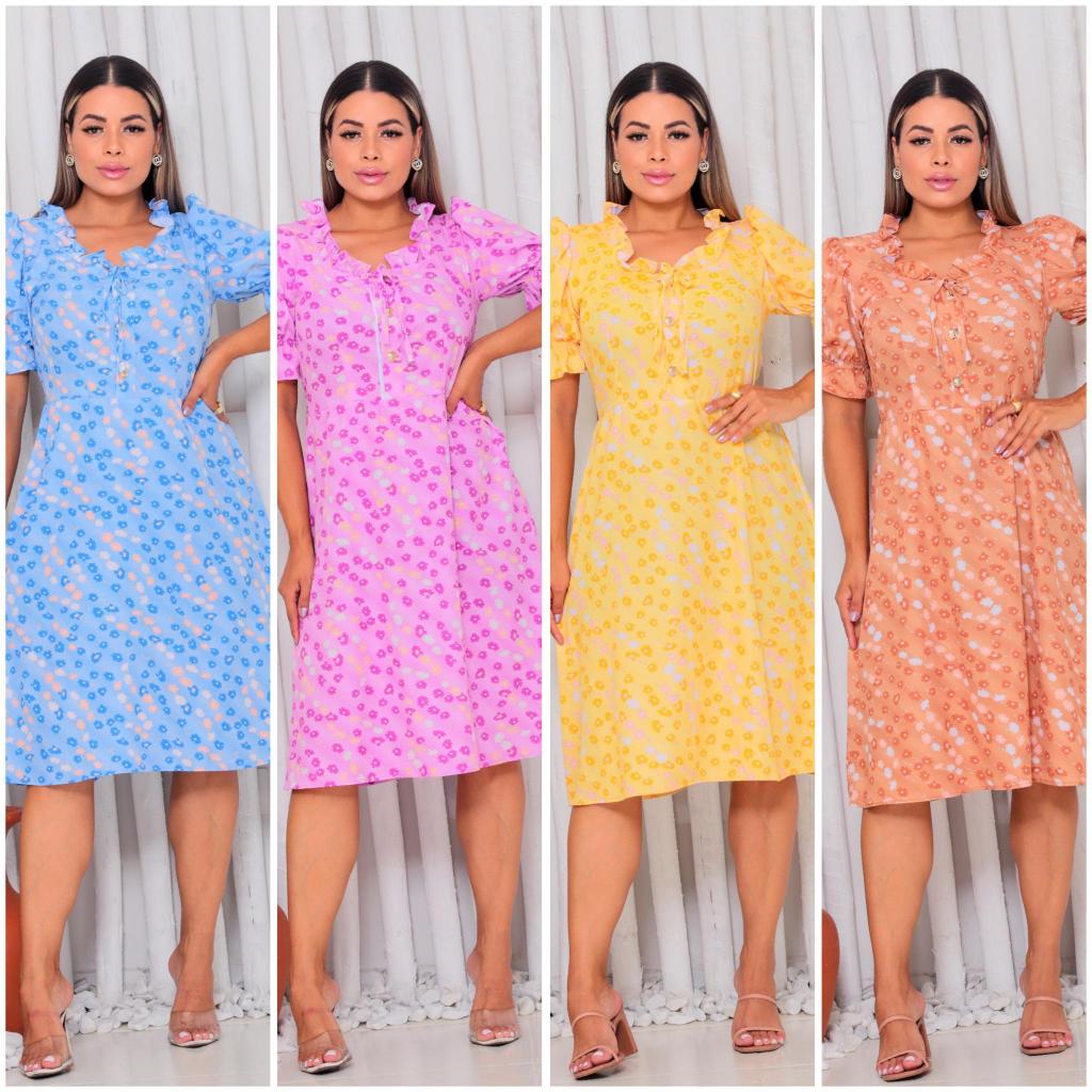 Vestido Feminino Floreado Pescoço Babado em Visco Lycra - Moda Casual e Confortável