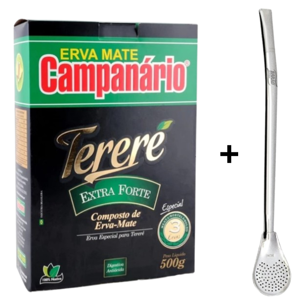 KIT TERERÉ Erva Mate Campanario Sabores 500g + Bomba de Tereré Cromada Brinde