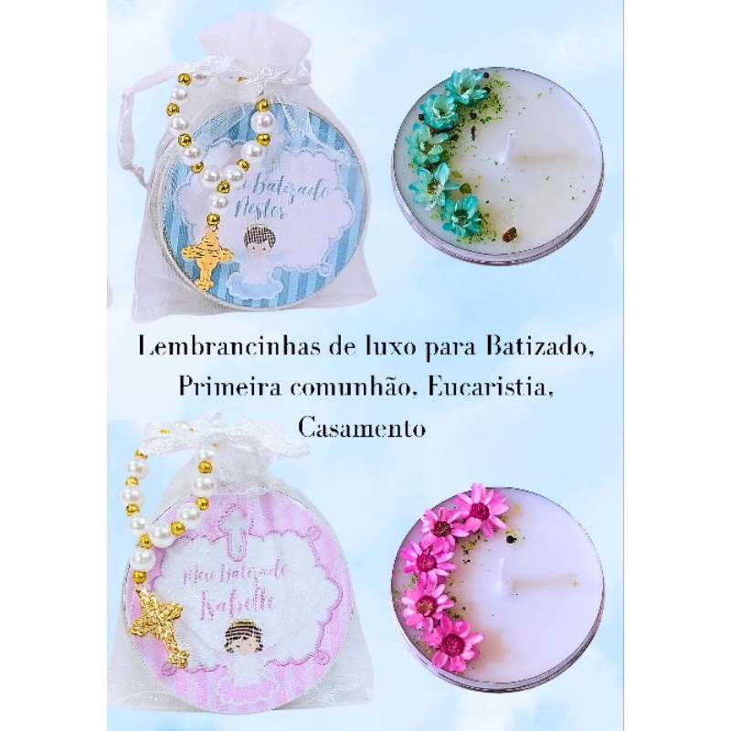 Lembrancinhas Batizado Primeira  Eucaristia  Casamento kit 10 Velas aromáticas com mini Terço e embalagem de organza