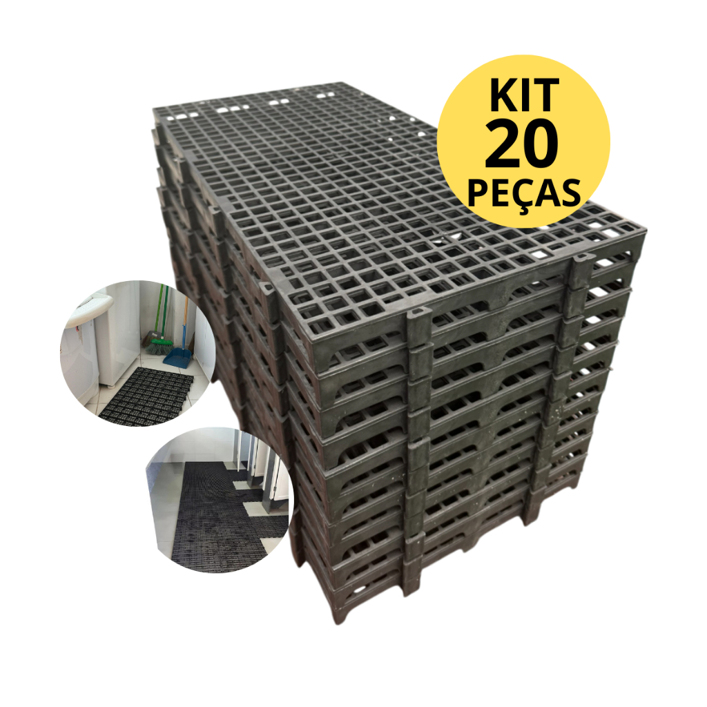 Kit 20 Peças Estrado Piso Plástico Modular Preto Palete Pallet Câmara fria Estoque Pet Shop