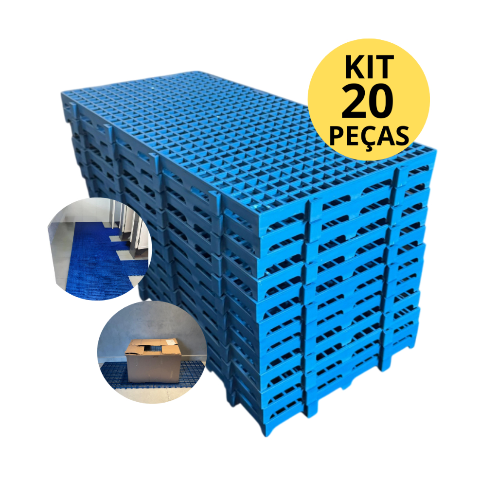 Kit 20 Peças Estrado Piso Plástico Modular Azul Câmara Fria Banheiros Estoques Pet Palete Pallet