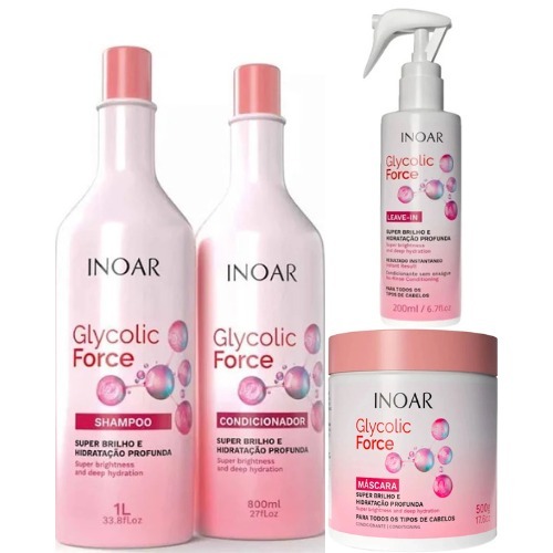 Kit Inoar Glycolic Force Shampoo 1l+Condicionador 800 ml+Máscara 500gr+Leave-in 200 ml em Oferta na Shopee