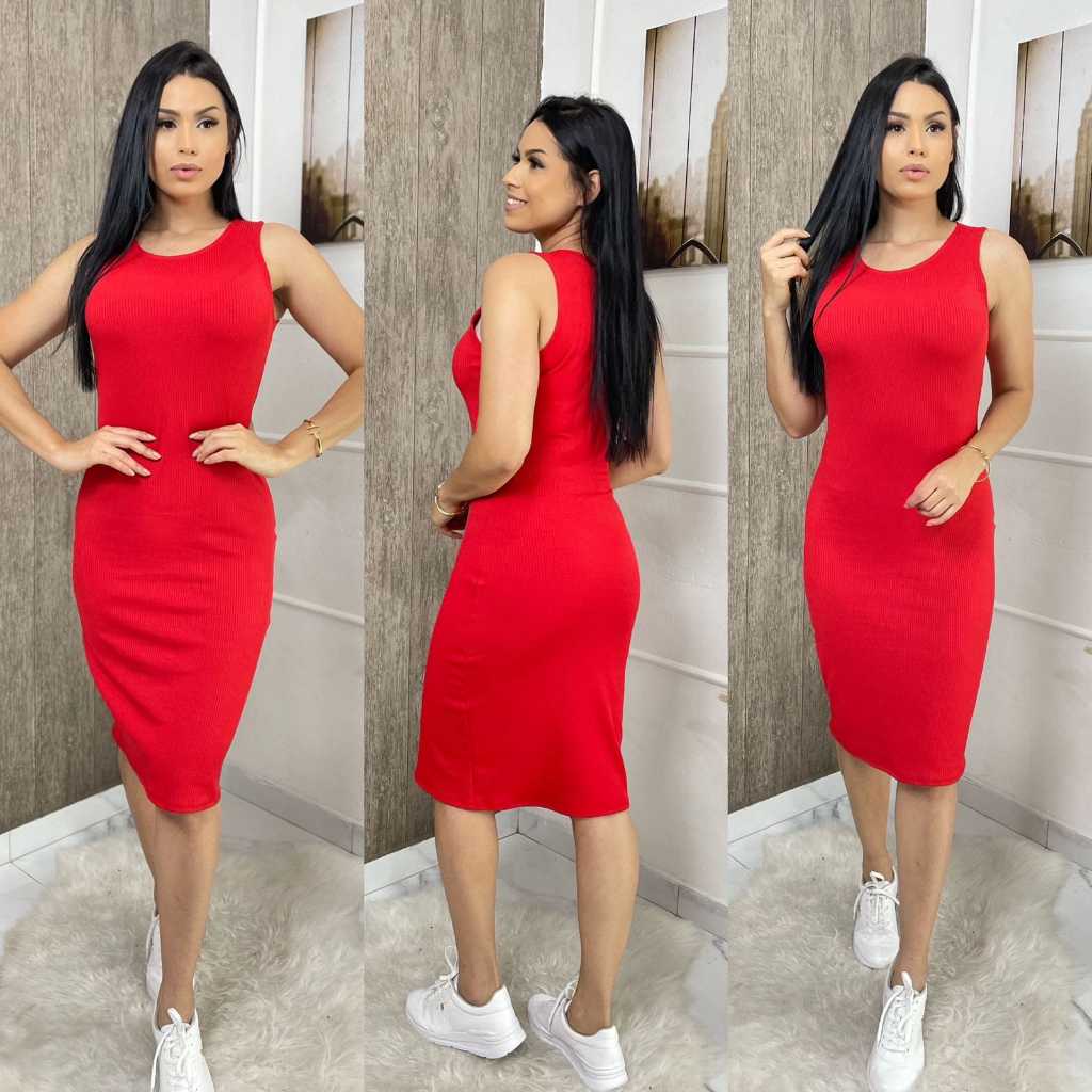 Vestido Feminino Midi Tubinho Casual Gola Baixa Ideal para Natal e Festas em Oferta na Shopee