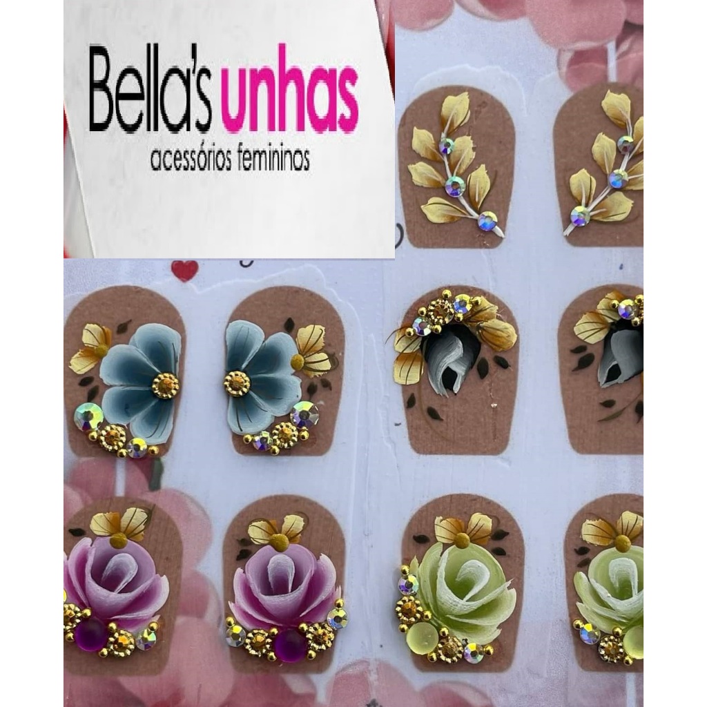 12 Adesivos Artesanais para unhas, cartelão, Pedrarias, Jóias, Unha, Strass, Peliculas de unha