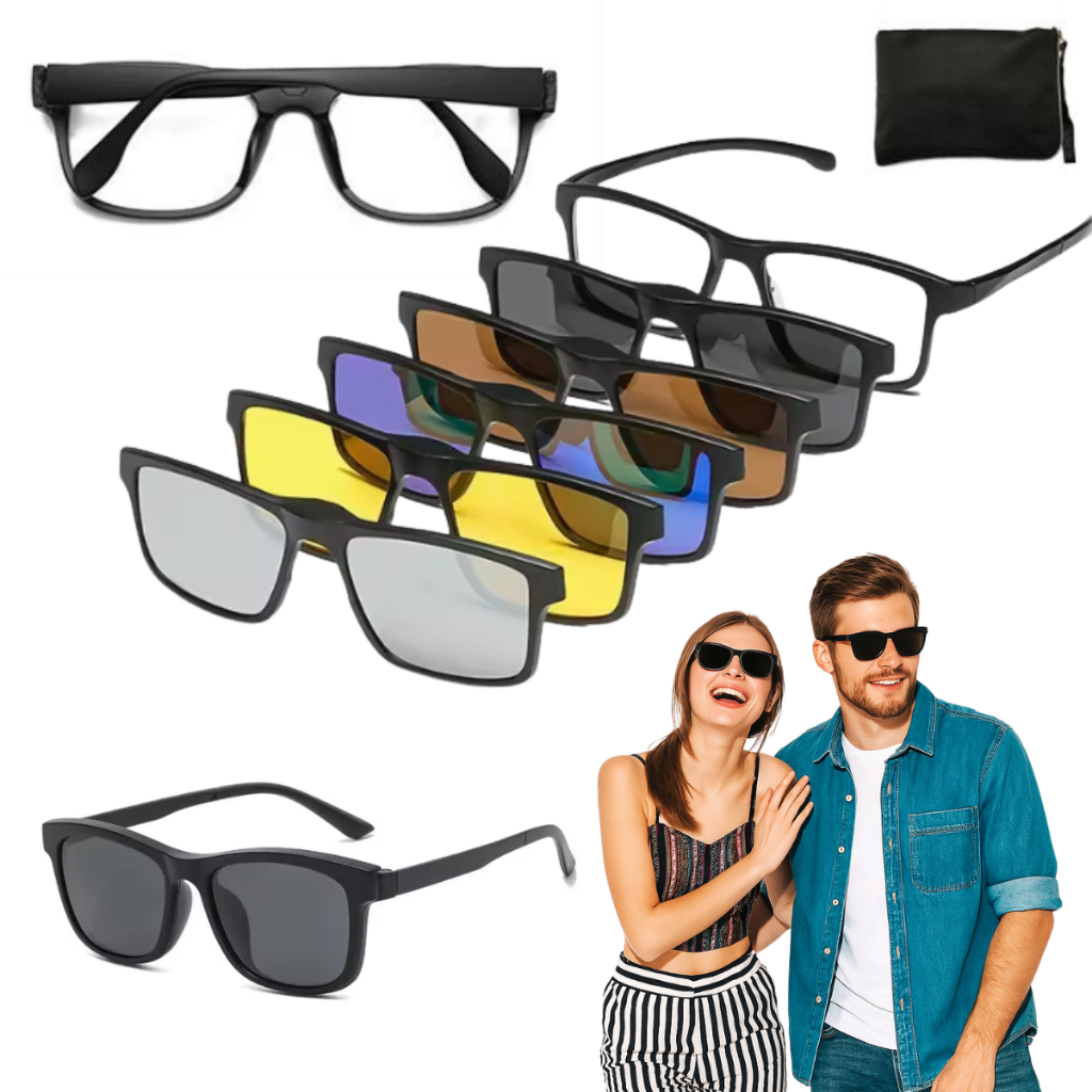 Armação de Óculos Sem Grau 2258 Clip On 6 em 1 Polarizado – Lentes Intercambiáveis UV400 Unissex