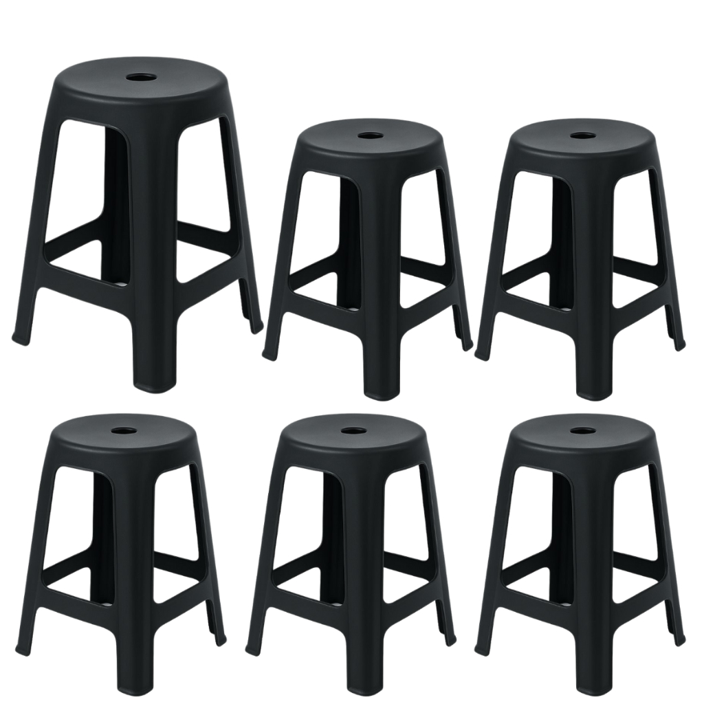 Kit 06 Banqueta De Plástico Resistente Reforçada Adulto Preta Até 120kg