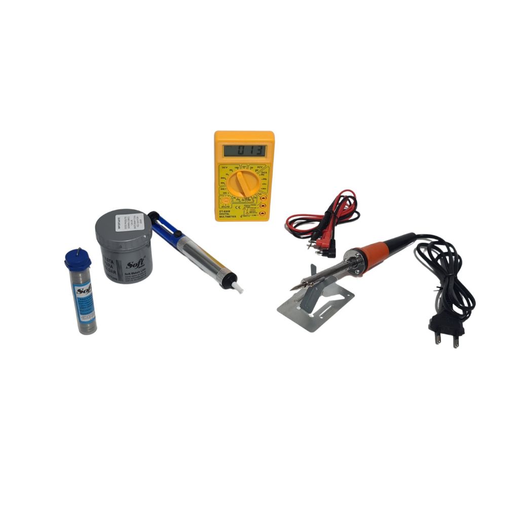 kit ferro de solda 30w 110v + multimetro digital + sugador de solda + estanho + pasta de solda