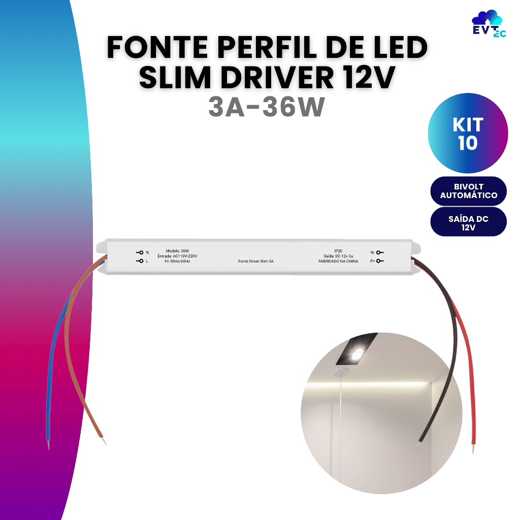 Kit 10 Fonte Slim Driver Para Perfil Fita De Led 12v 3a 36w em Oferta na Shopee