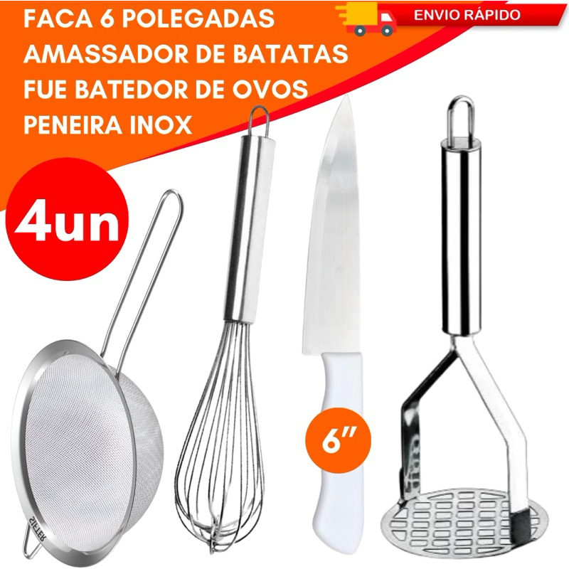 Kit Utensilios Inox Amassador de Batatas Peneira Fouet Fue e Faca 6 Polegadas Alta Qualidade