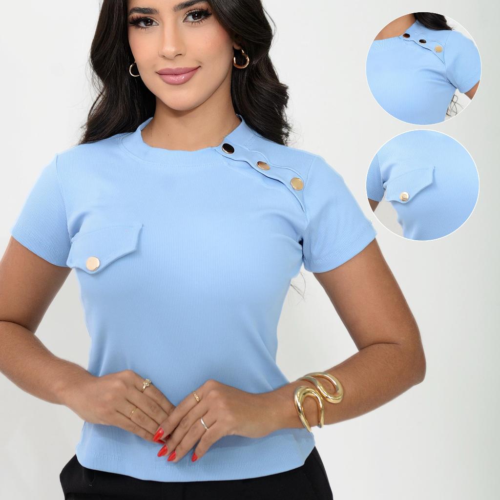 Blusa T-shirt Feminina Gola Alta Camiseta Malha Canelada Alta Qualidade em Oferta na Shopee