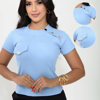 Blusa T-shirt Feminina Gola Alta Camiseta Malha Canelada Alta Qualidade em Oferta na Shopee