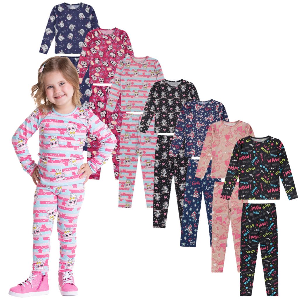 Kit 3 Conjunto Blusa Calça Estampado Sortido Térmica Segunda Pele Infantil Menina Tamanho 1 ao 8