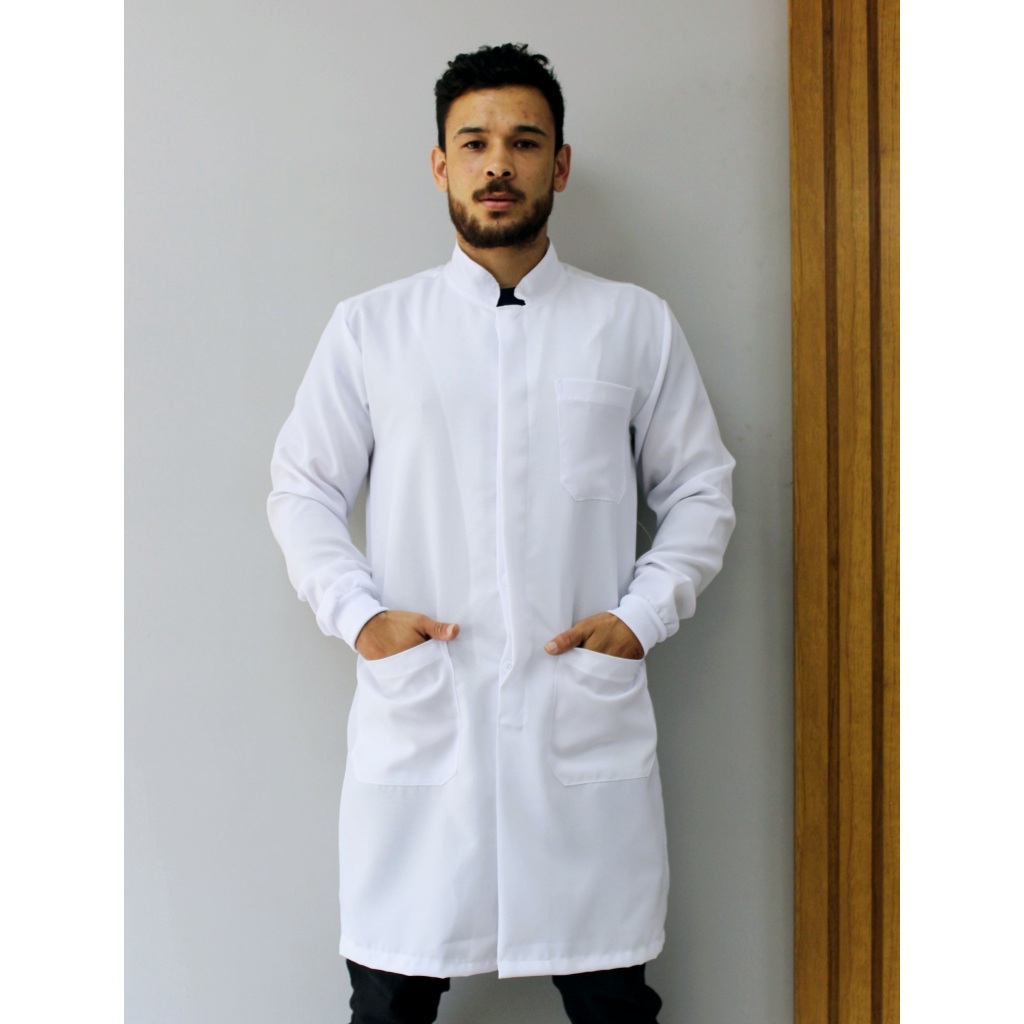 Jaleco Masculino Oxford Branco Botão Embutido Gola Padre Manga Longa Com Elástico no Punho