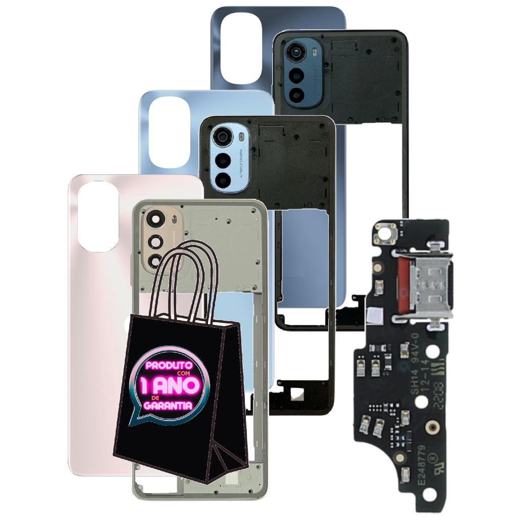 Carcaça Com Tampa Compatível Moto E32 XT2227 Aro Com Botões + Lente Câmera + Placa de Carga