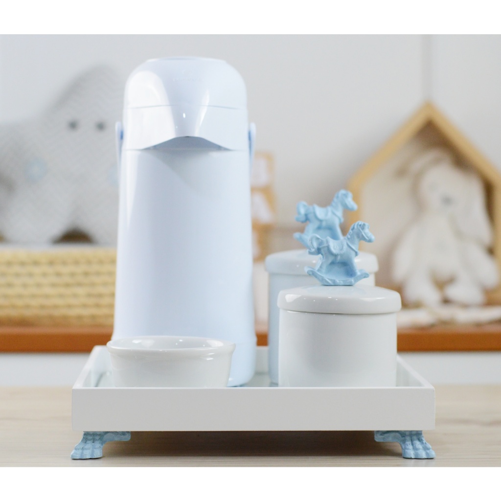 Kit Higiene Bebê K012 Azul Porcelana Bandeja Branca Espelho Térmica Potes Cotonete Algodão Tigela