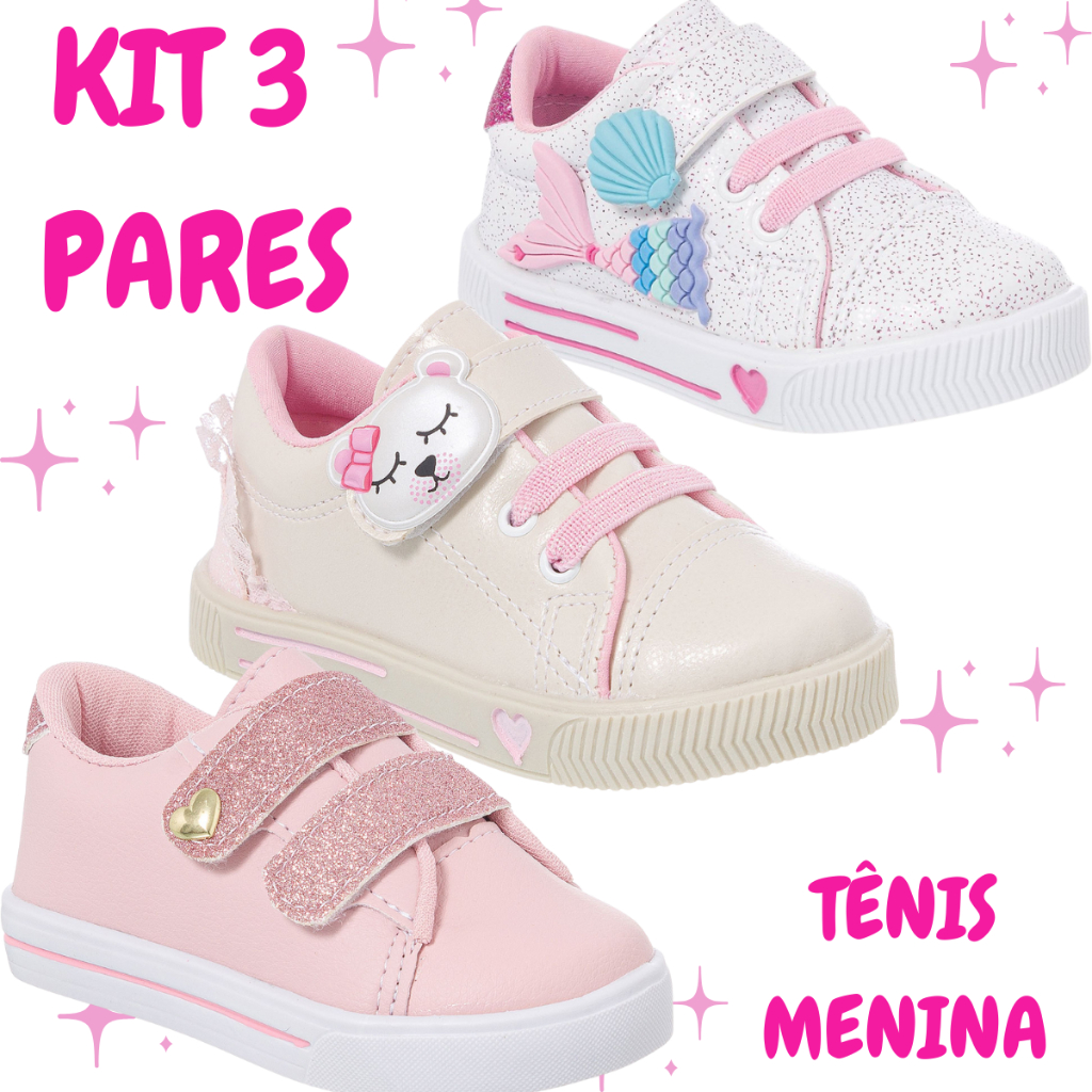Kit 3 Tênis Infantil Menina Delicado Sereia Brilho Ursinho Star Macio Brilho Vários Modelos 20 ao 27 em Oferta na Shopee