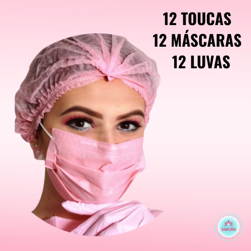 Kit de 12 Luvas, 12  Máscaras TNT Tripla e 12 Toucas Descartáveis  cores Rosa, Lilás, Preto, Azul e Branc