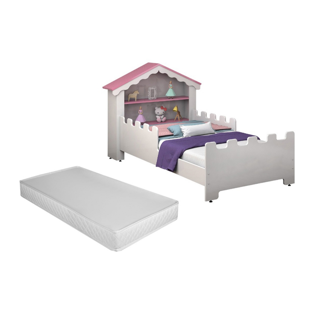 Cama Casinha Infantil com Colchão Incluso Castelo Menina Montessoriana Quarto Temático Seg...