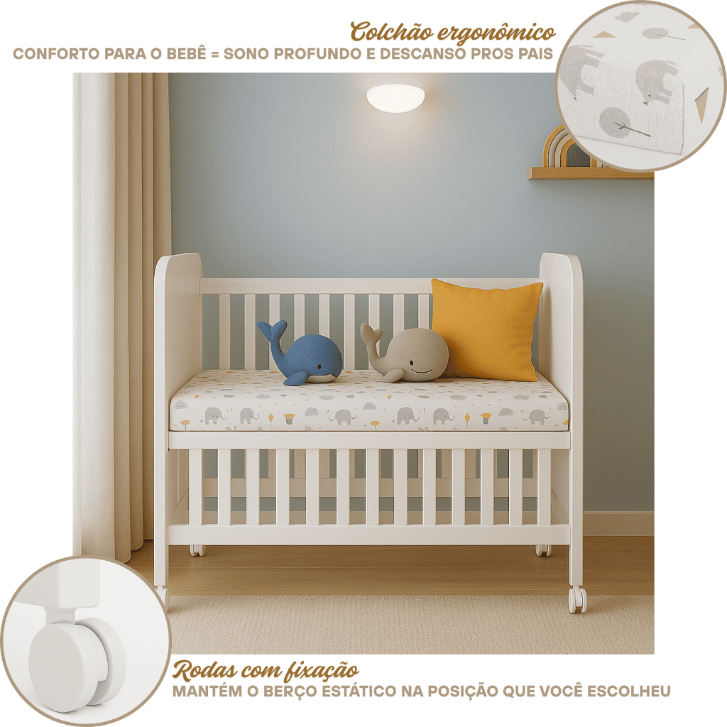 Mini Berço BabySense Com Grade Móvel + Colçhão, Berço Infantil Bedside Ergonômico