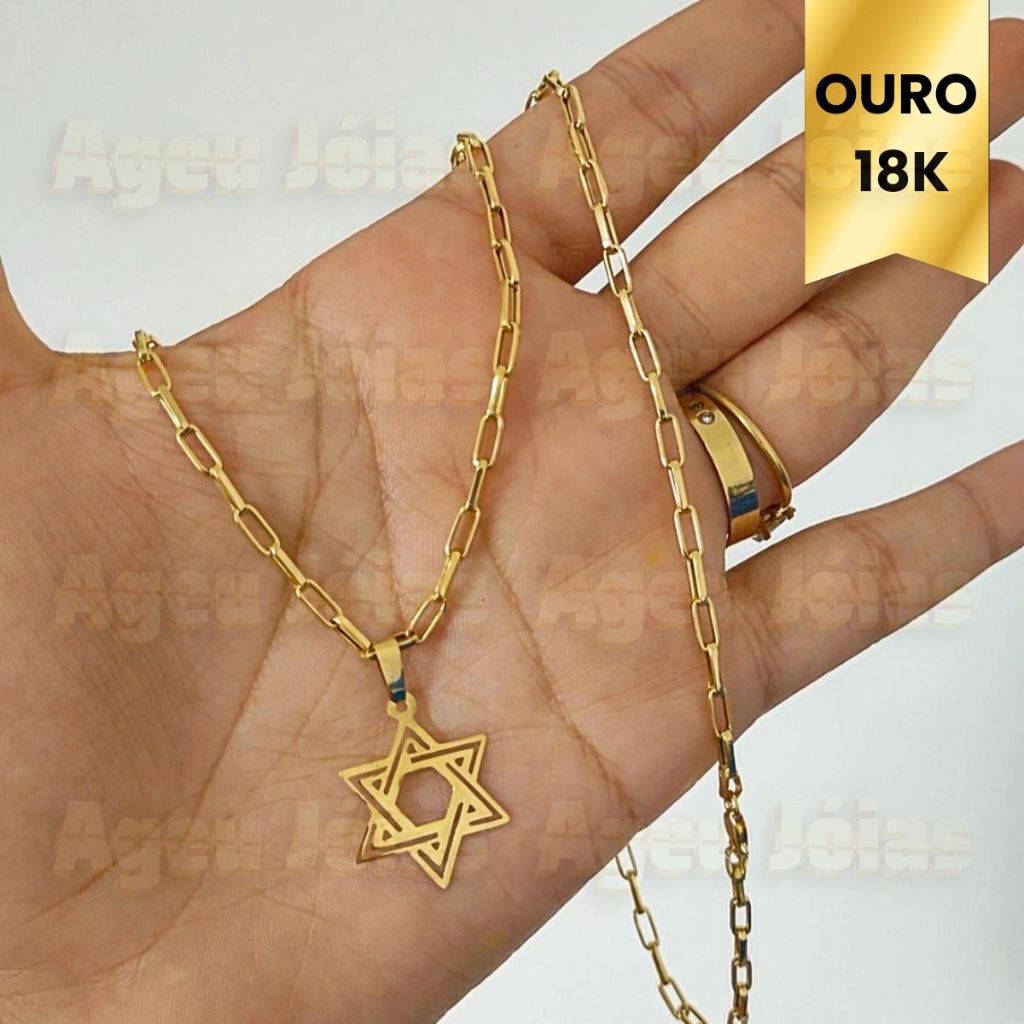 Corrente Ouro 18k 70cm + Pingente Estrela de Davi Vazado Ouro