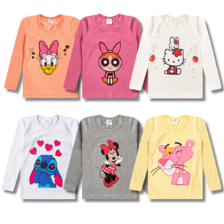 Kit 4 Blusas Manga Longa Feminina/Menina Estampada Infantil e Juvenil Meia Estação Cotton do 3 ao 16 em Oferta na Shopee
