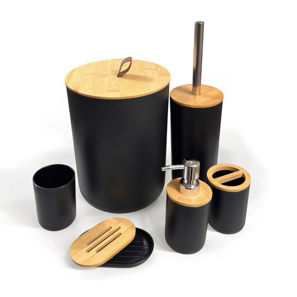 Kit Banheiro Conjunto Acessório Higiene Lixeira Lavabo 6 e 4 Luxo Peças Tampa Bambu Escova Sanitária