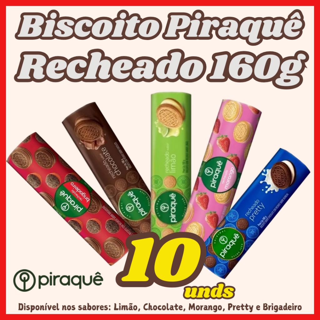 Kit com 10x Biscoito Recheado Piraquê 160g - 5 sabores disponíveis