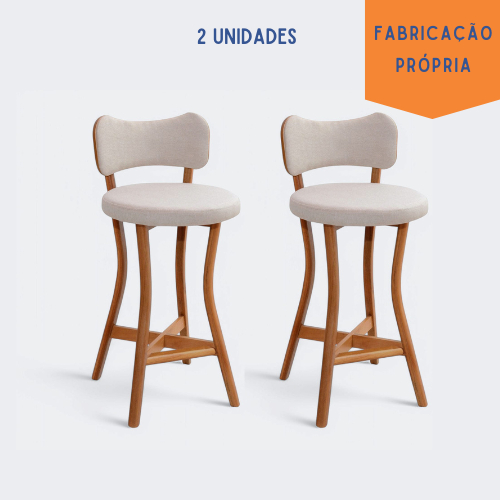 Banqueta alta balcão cozinha Bordo com Encosto Linho Bege 2 unidades Madeira Maciça Estofa...
