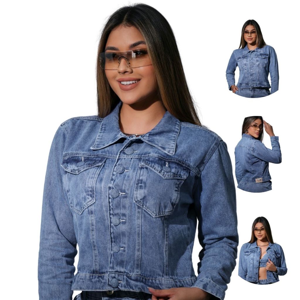 Jaqueta Jeans Feminina Premium Marmorizada Casaco Manga Comprida Botão Encapado Inverno Se...