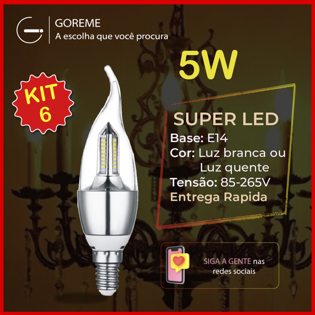 Kit 6 Lâmpada Vela LED para Lustre de fogo 5W Bico Torto E14 Pendente Moderno Branco Frio ou Branco Quente | Bivolt em Oferta na Shopee