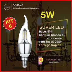 Kit 6 Lâmpada Vela LED para Lustre de fogo 5W Bico Torto E14 Pendente Moderno Branco Frio ou Branco Quente | Bivolt