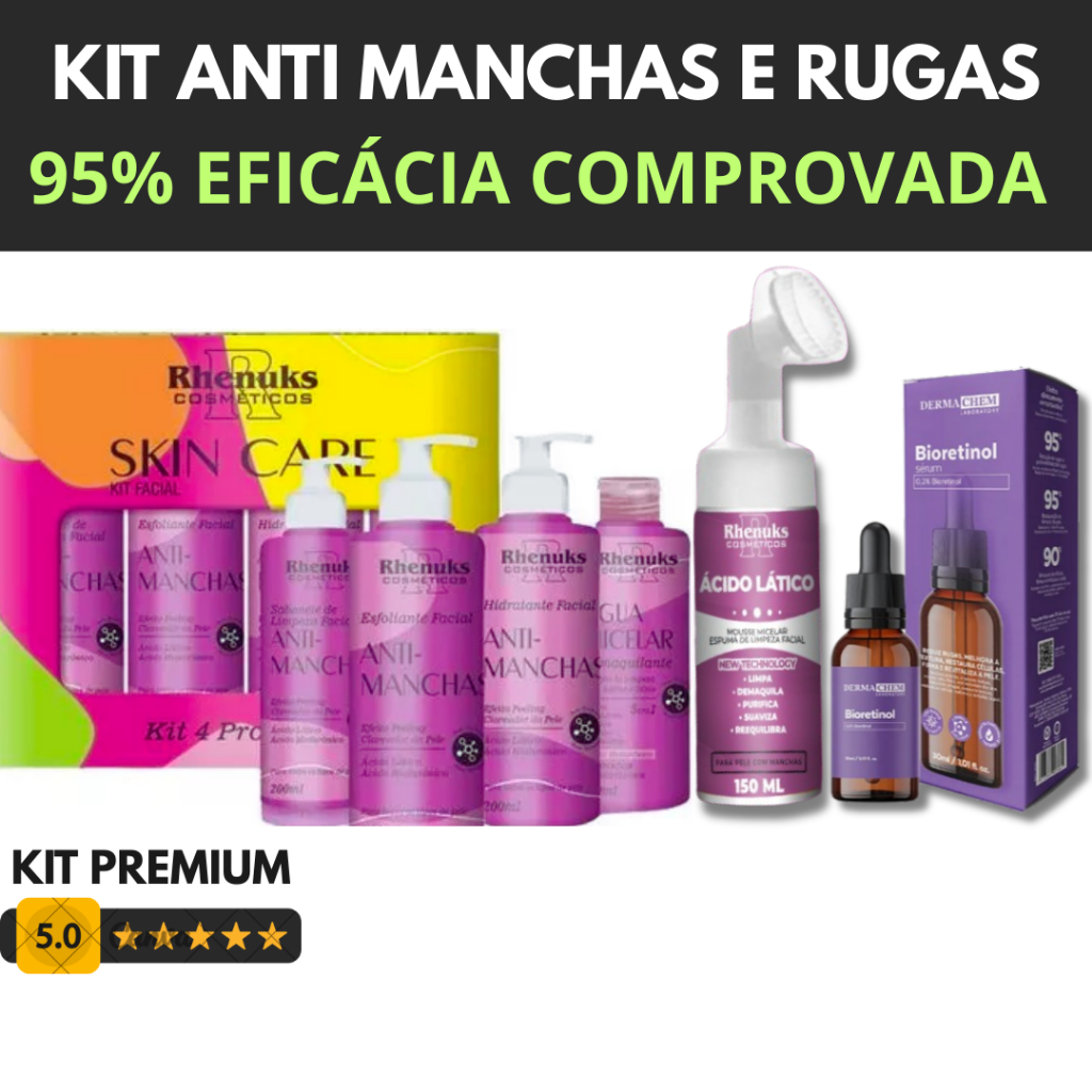 Kit Skincare Manchas Clareador Rhenuks+Sérum Bioretinol Dermachhem+Mousse Micelar Acid. Lá...