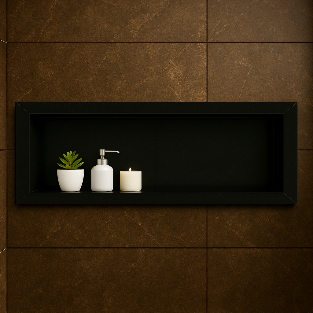 Nicho Banheiro Porcelanato Preto Polido 90x30x10cm borda de alumínio (duas peças de 45cm)