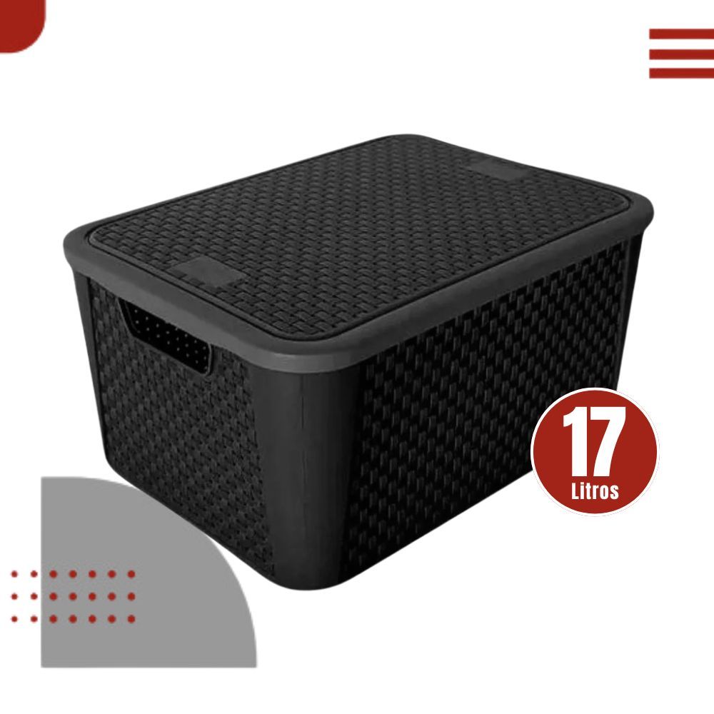 Kit2 ou 4 Caixas Organizadoras Rattan 17L Pretas com Tampa – Multiuso para Roupas, Brinquedos e Objetos