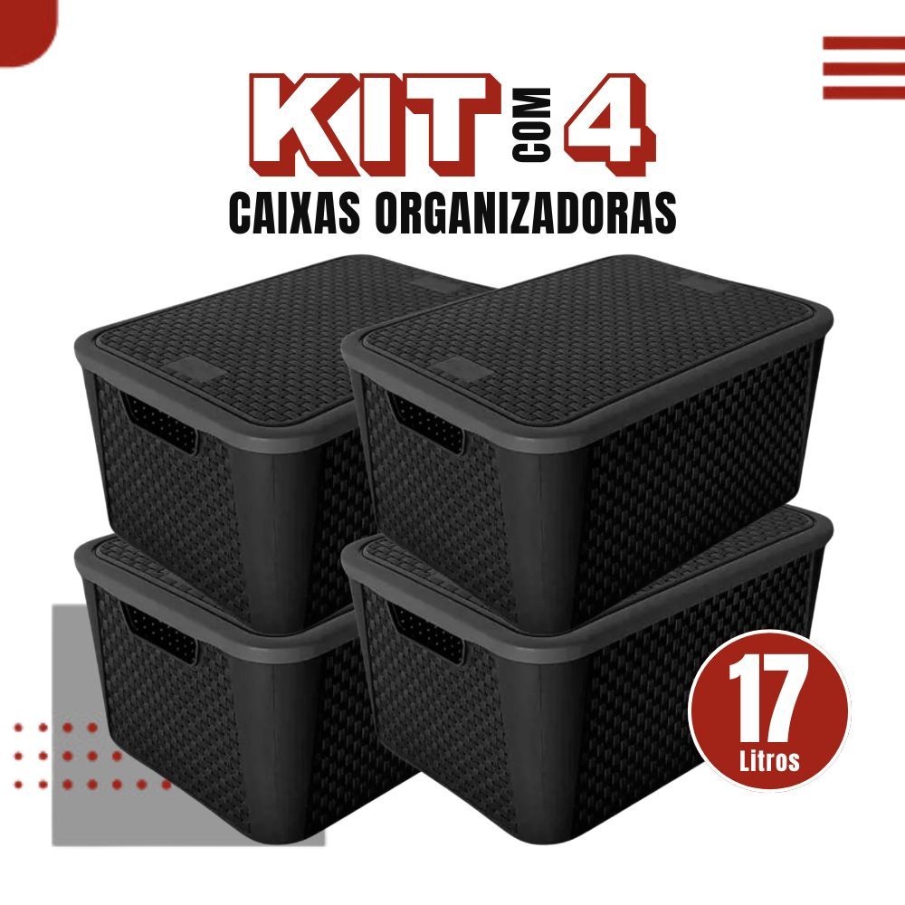 Kit 4 Caixas Organizadoras Rattan 17 Litros Preta Com Tampa Organizador Multiuso Roupas Br...