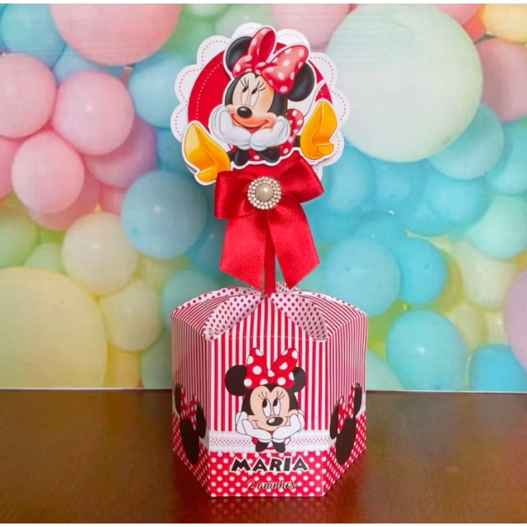 Caixa Centro de Mesa Sextavado Lembrancinha Minnie Vermelha Personalizado Decoração Festa Infantil - Pegue e Monte
