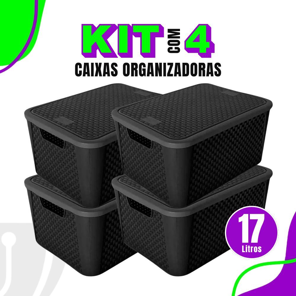 Kit 4 Caixas Organizadoras Rattan 17 Litros Preta Com Tampa Organizador Multiuso Roupas Brinquedos