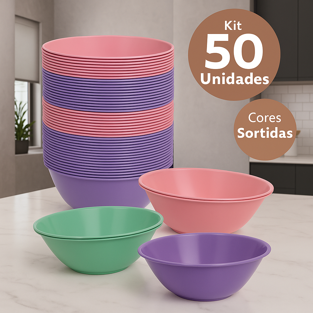 Kit Conjunto com 50 Bacias Plásticas 1L Cores Sortidas Bacias Multiuso Utilidades Domésticas