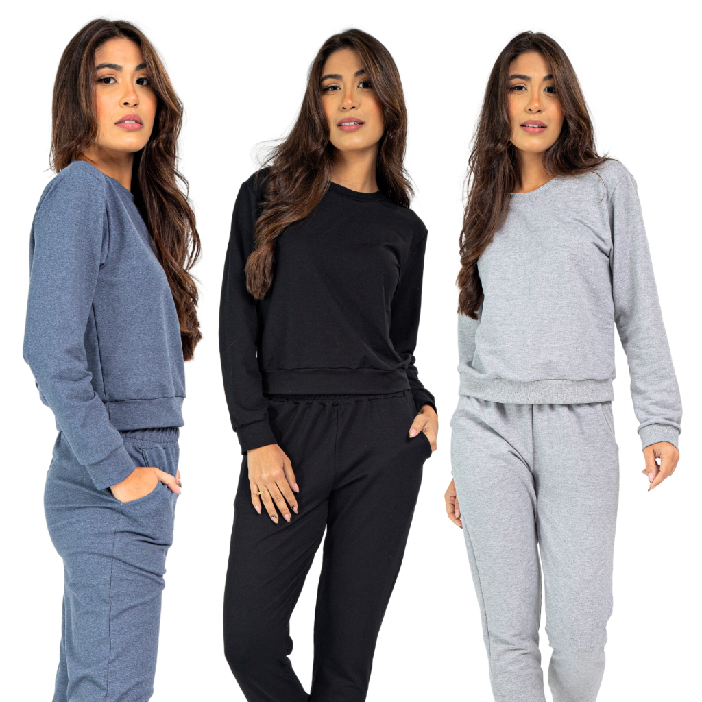 Casaco Cropped Feminino Confortável Moletom com Elastano Preto Azul Mescla