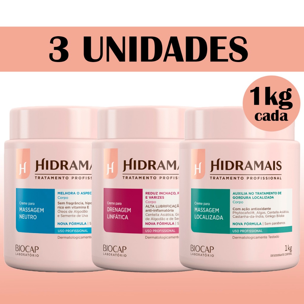 Kit 3 Hidramais Neutro + Drenagem Linfática + Localizada 1kg em Oferta na Shopee