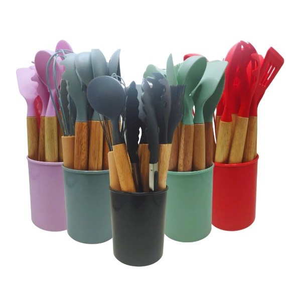 Kit de cozinha 12 Utensílios em Silicone e Bambu – Colheres Pequenas