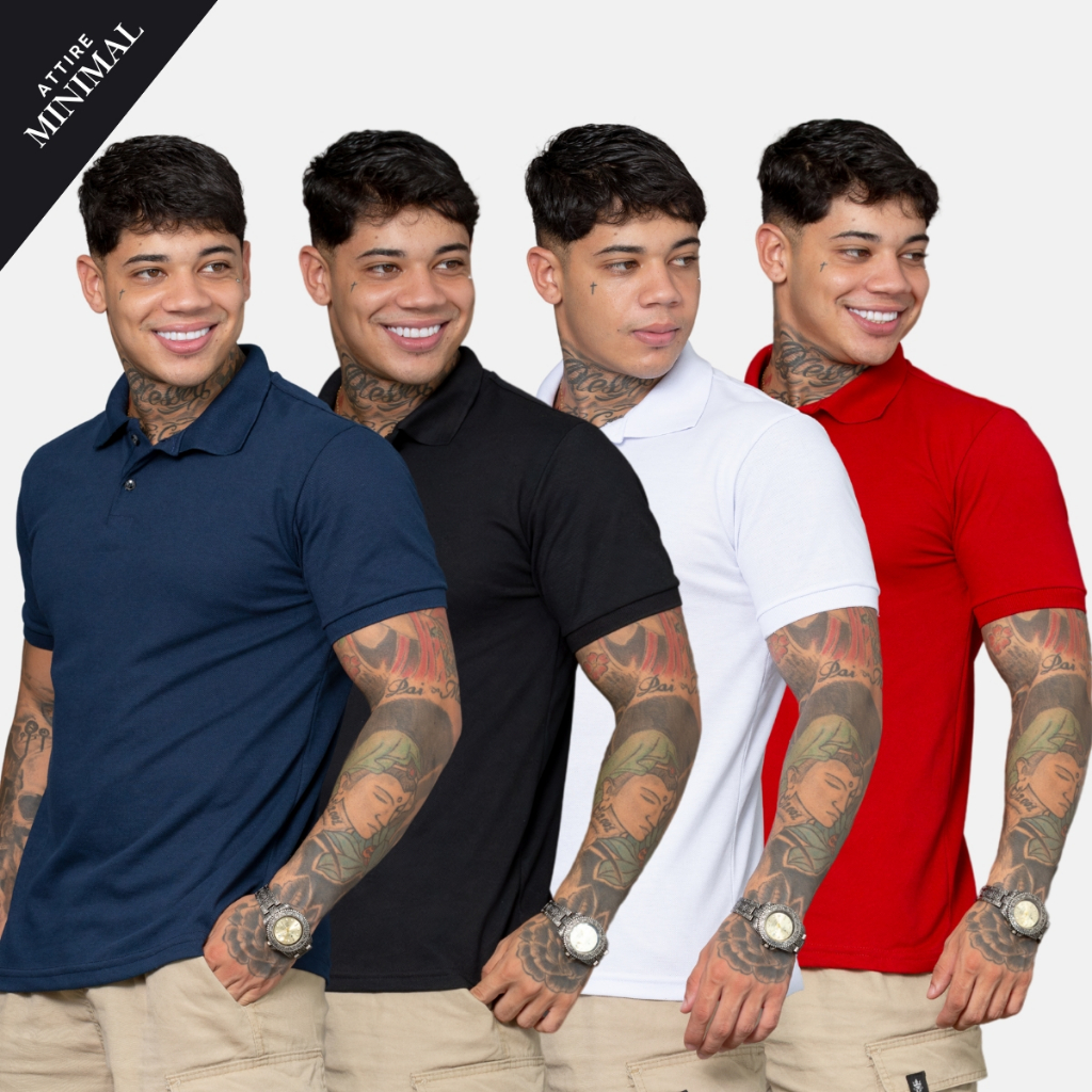 Kit 4 Camisas Polo Piquet Masculina Algodão Premium com Botões Ajustáveis